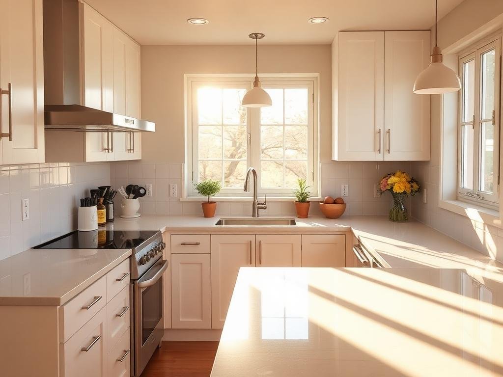 Cozinha residencial impecável após faxina profissional