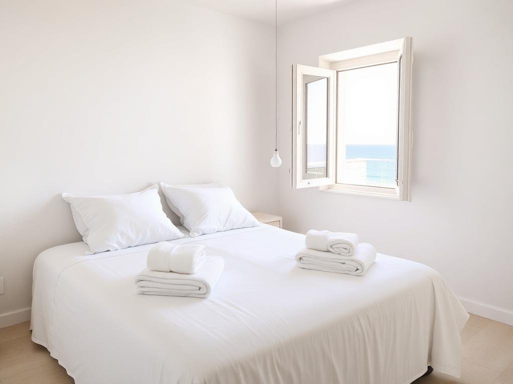 Quarto de imóvel de temporada com cama arrumada e toalhas dobradas